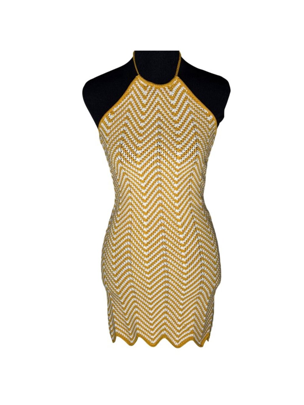 Ronny Kobo Yellow White Chevron Stripe Knit Halter Mini Dress Size Small